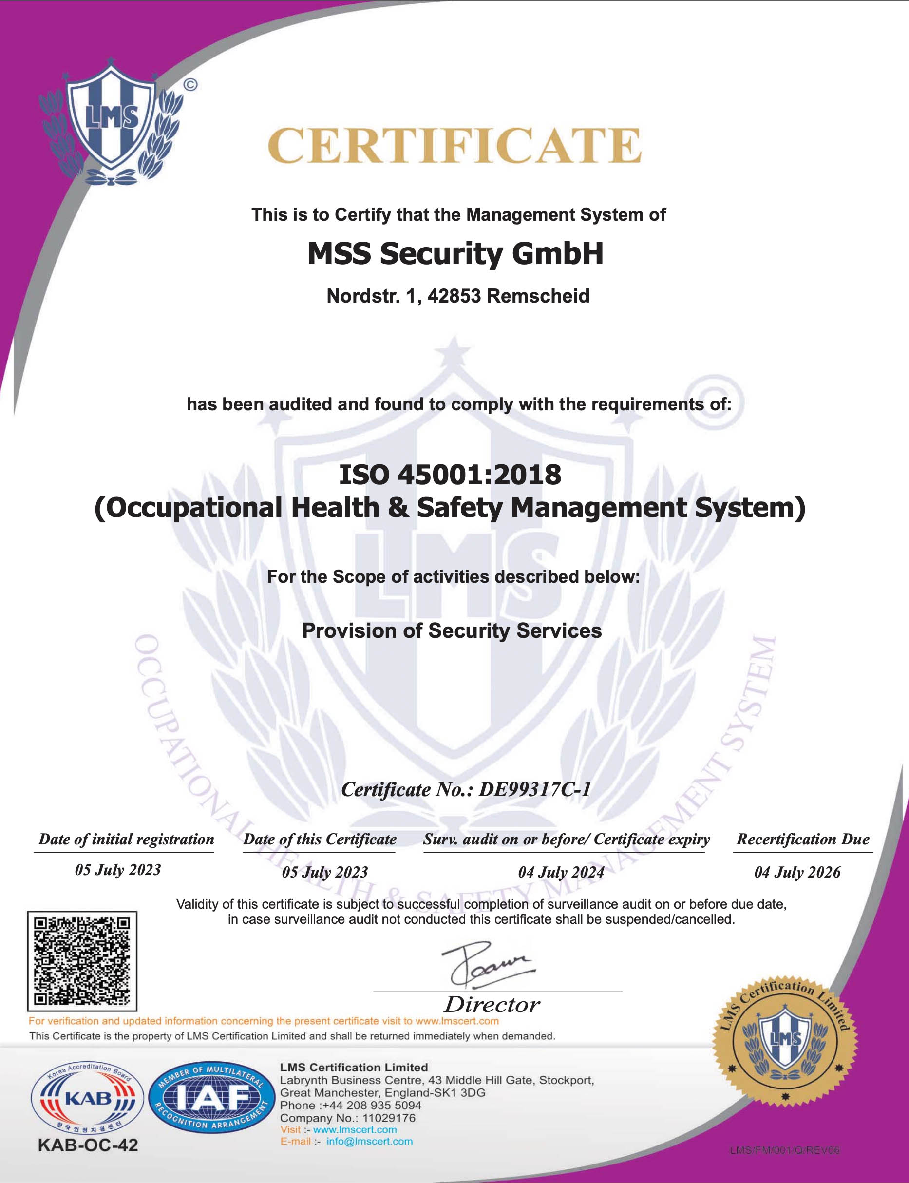 Certificate LMS 2023, MSS Security GmbH