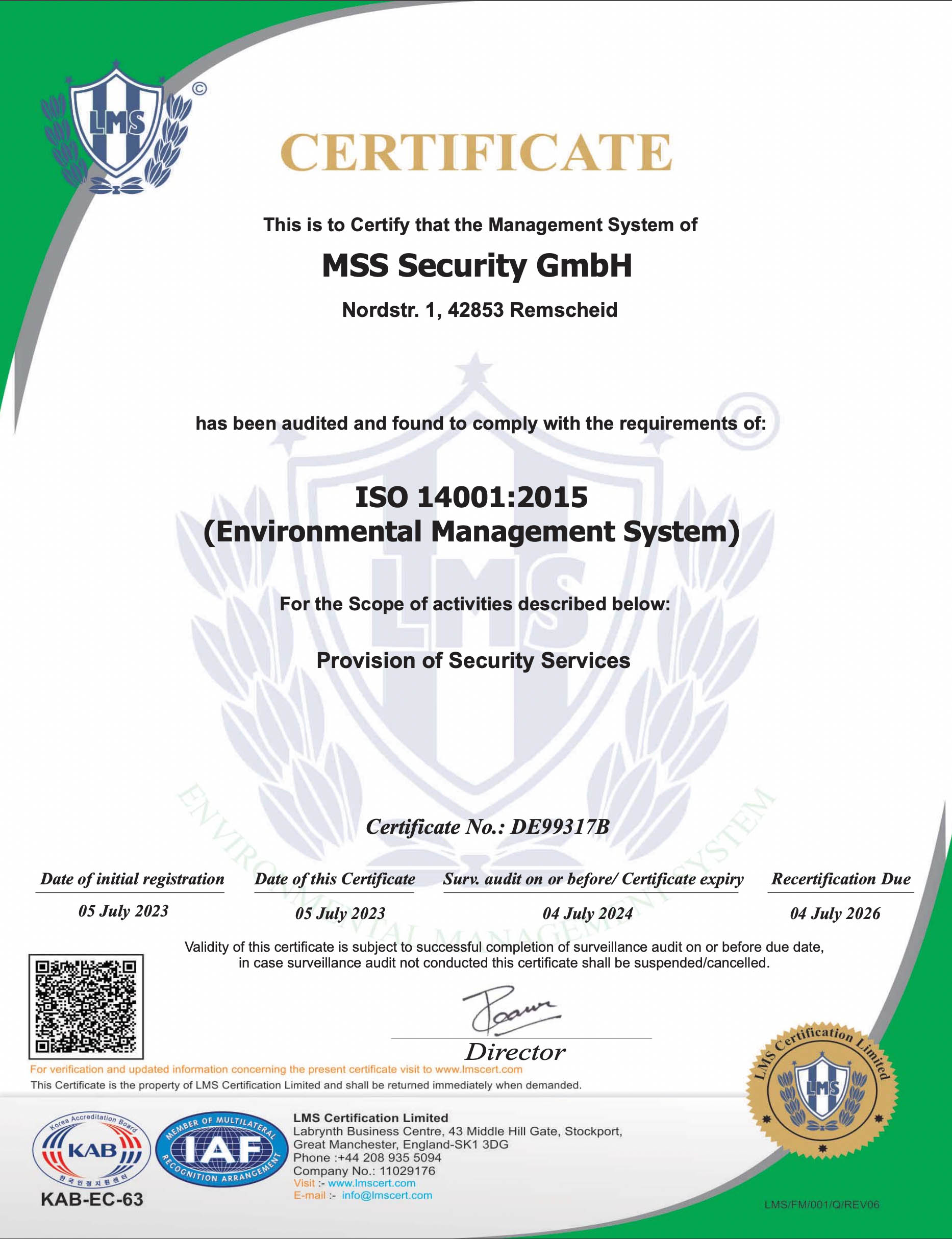 Certificate LMS, MSS Security GmbH