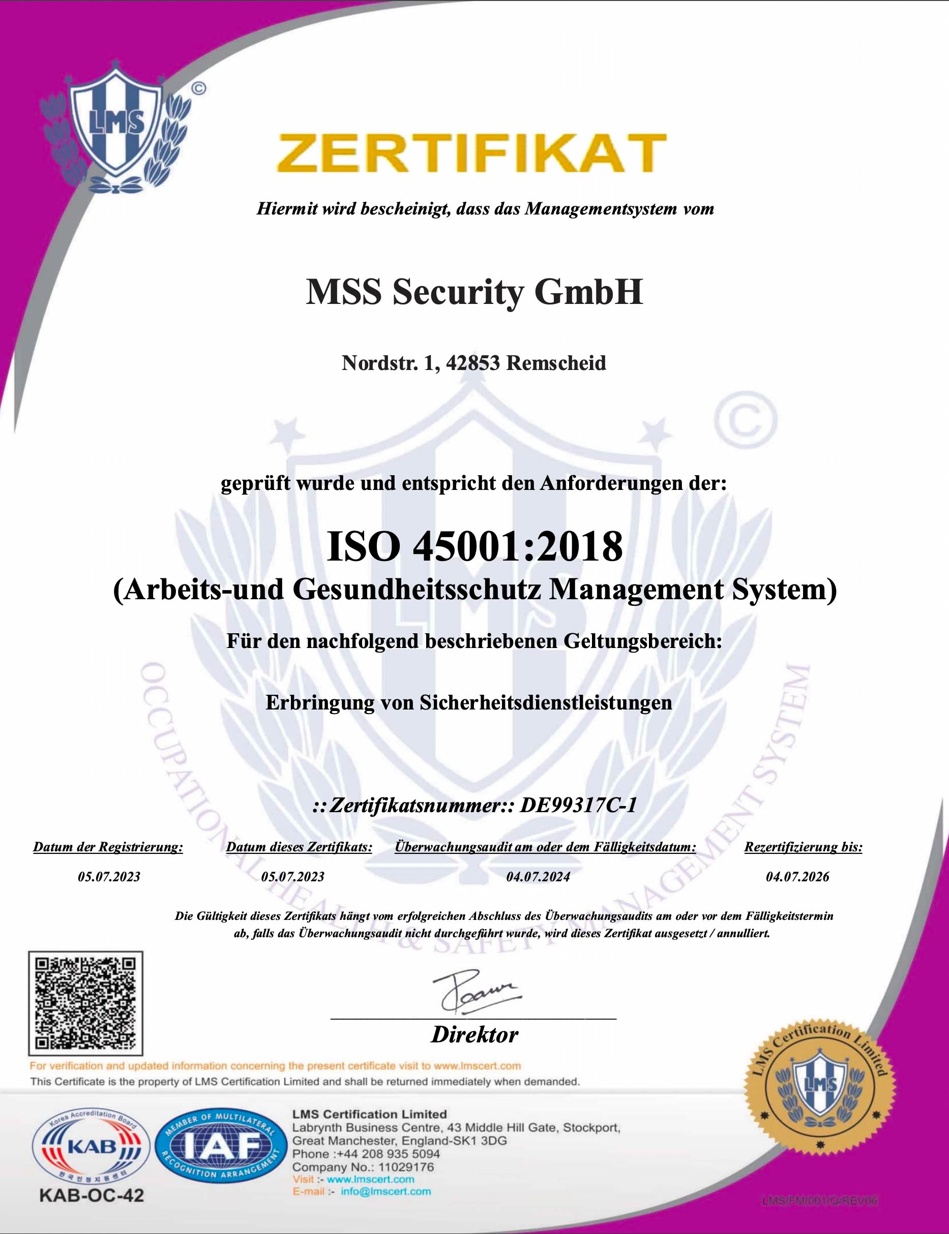 Zertifikat LMS 2023, MSS Security GmbH