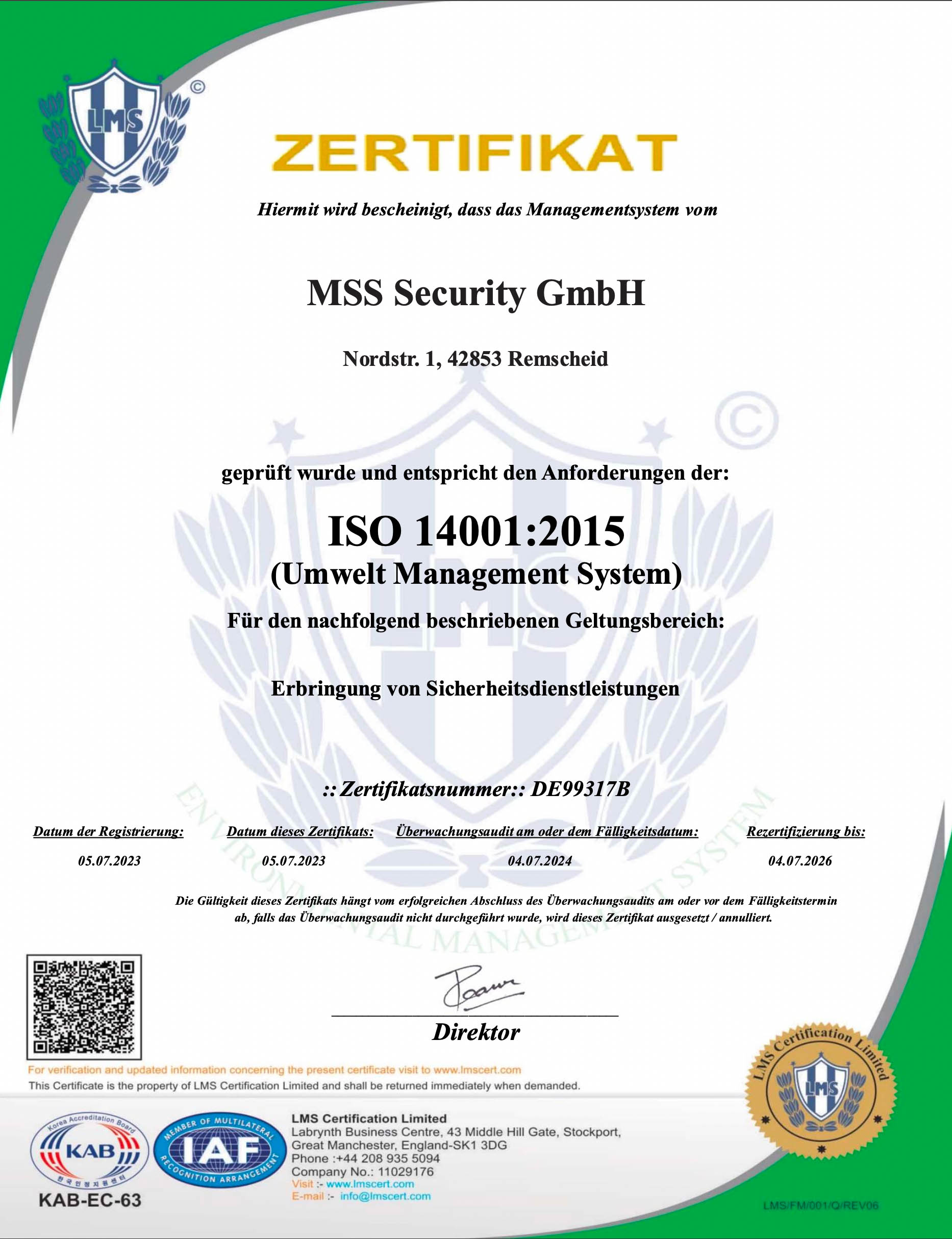 Zertifikat LMS, MSS Security GmbH