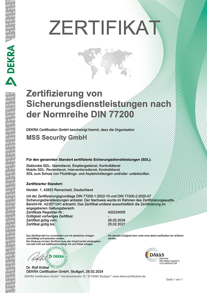 Zertifikat Dekra, MSS Security GmbH